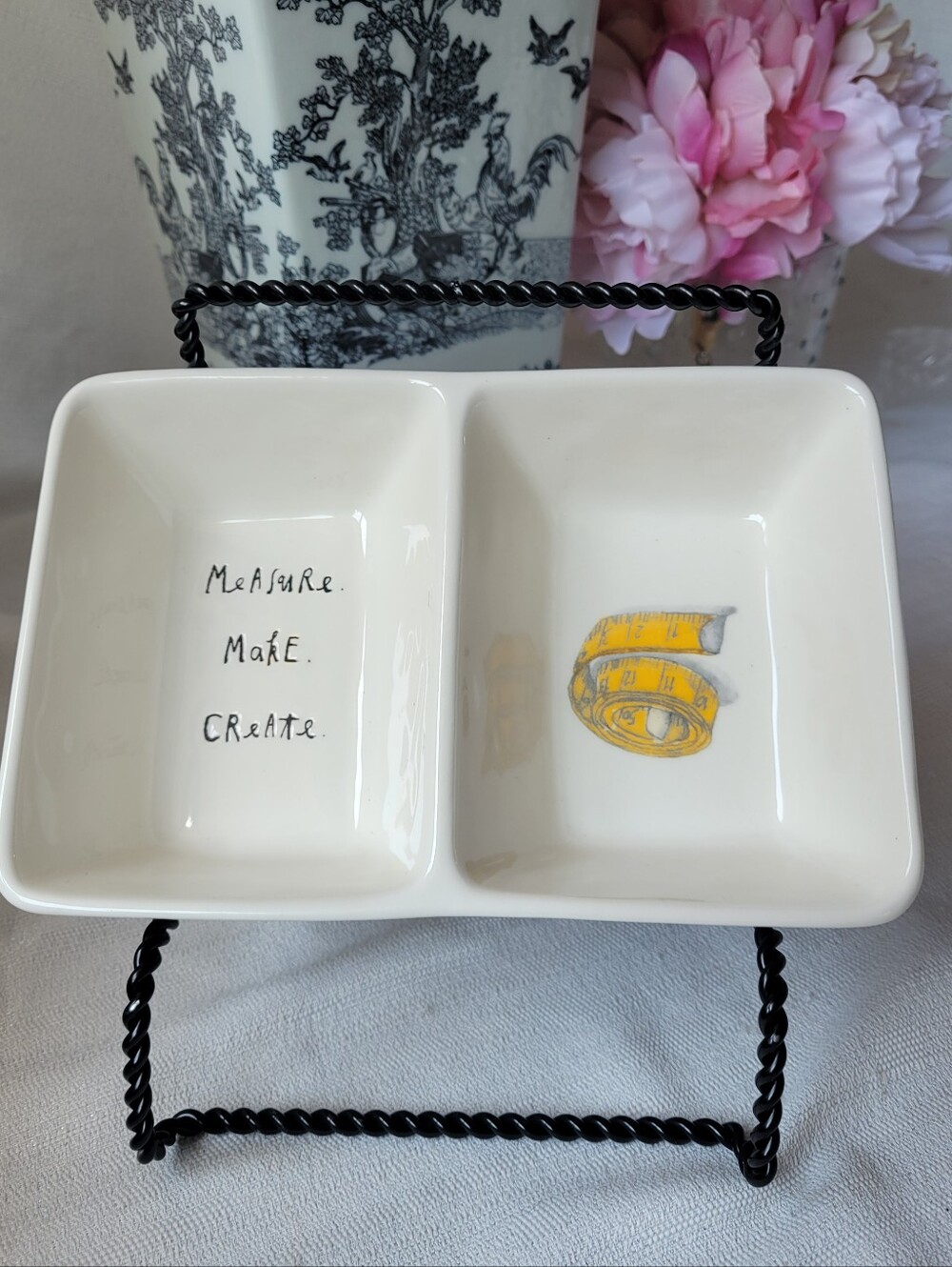 Rae Dunn Artisan Collection Divided Ceramic Dish with Tape Measure